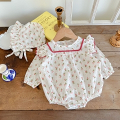 Infant Baby Girl Floral Print Long-sleeved Onesies Combo Hat In Sets Wholesale