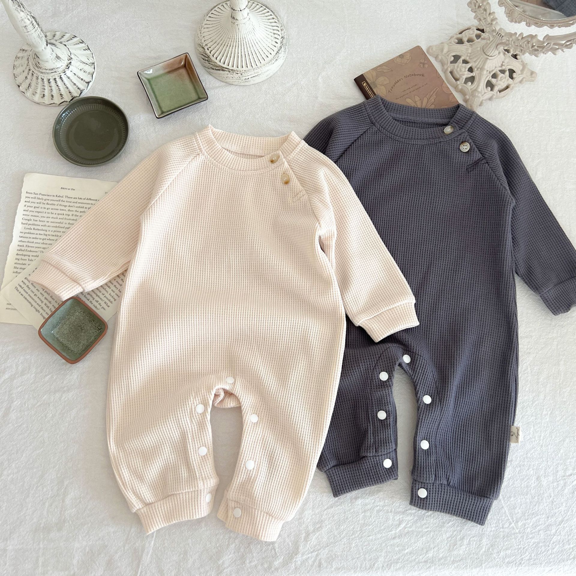 Infant Baby Unisex Waffle Shoulder Buckle Design Long Jumpsuit Wholesale