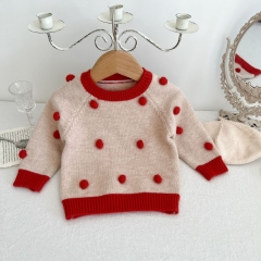 Infant Baby Girl Hand Tick Bubble Color Contrast Pattern Round Collar Sweater Wholesale