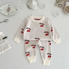 Infant Baby Girl Cherry Jacquard Knitting Top Combo Long Pants In Sets Wholesale