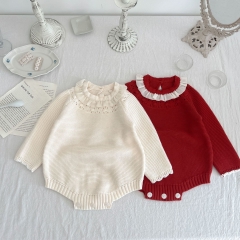 Infant Baby Girls Solid Lace Collar Design Knitting Onesies Wholesale