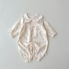 Infant Baby Girls Floral Print & Floral Collar Design Long-sleeved Jumpsuit Wholesale