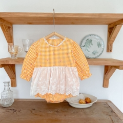 Infant Baby Girl Grid Long-sleeved Patchwork Lace Apron Pattern Onesies Wholesale