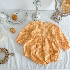 Infant Baby Girl Grid Long-sleeved Patchwork Lace Apron Pattern Onesies Wholesale