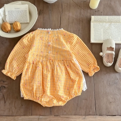 Infant Baby Girl Grid Long-sleeved Patchwork Lace Apron Pattern Onesies Wholesale