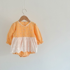 Infant Baby Girl Grid Long-sleeved Patchwork Lace Apron Pattern Onesies Wholesale