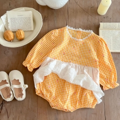 Infant Baby Girl Grid Long-sleeved Patchwork Lace Apron Pattern Onesies Wholesale