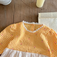 Infant Baby Girl Grid Long-sleeved Patchwork Lace Apron Pattern Onesies Wholesale