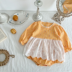 Infant Baby Girl Grid Long-sleeved Patchwork Lace Apron Pattern Onesies Wholesale