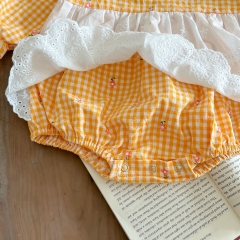 Infant Baby Girl Grid Long-sleeved Patchwork Lace Apron Pattern Onesies Wholesale