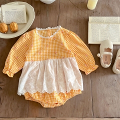Infant Baby Girl Grid Long-sleeved Patchwork Lace Apron Pattern Onesies Wholesale