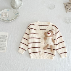 Infant Baby Girls Strips V-collar Long-sleeved Knitting Coat Wholesale