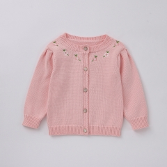 Infant Baby Girls Embroideried Floral Solid Pink Long-sleeved Coat Wholesale