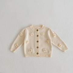 Infant Baby Girls Floral Design Round Collar Knitting Coat Wholesale