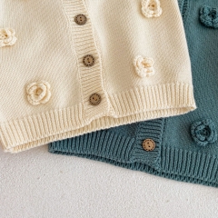 Infant Baby Girls Floral Design Round Collar Knitting Coat Wholesale