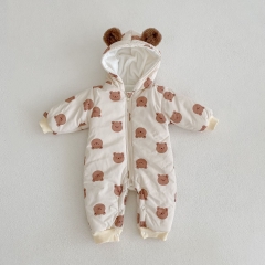 Infant Baby Unisex Bear Print Velvet-in Hoodie Long Jumpsuit Coat Wholesale