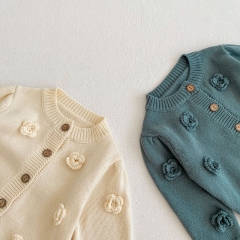 Infant Baby Girls Floral Design Round Collar Knitting Coat Wholesale