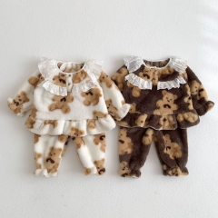 Infant Baby Bear Print Winter Homewear Top Combo Pants In Sets Wholesale