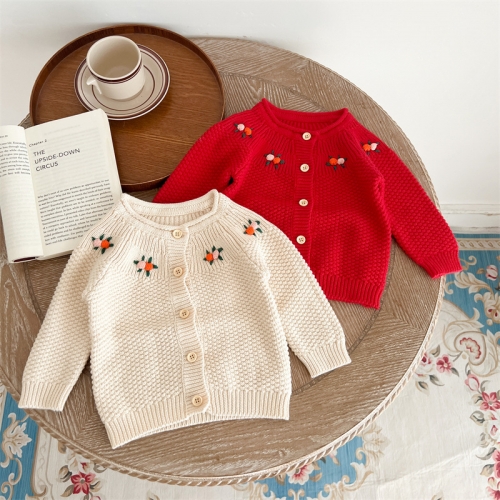 Infant Baby Girls Handmade Embroidery Floral Round-collar Knitting Coat Wholesale