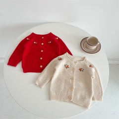 Infant Baby Girls Handmade Embroidery Floral Round-collar Knitting Coat Wholesale