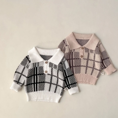 2023 Infant Baby Girls Boys Grid Lapel Collar Long-sleeved Spring Knitting Coat Wholesale