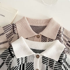 2023 Infant Baby Girls Boys Grid Lapel Collar Long-sleeved Spring Knitting Coat Wholesale
