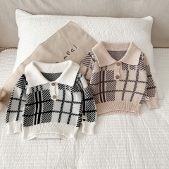 2023 Infant Baby Girls Boys Grid Lapel Collar Long-sleeved Spring Knitting Coat Wholesale