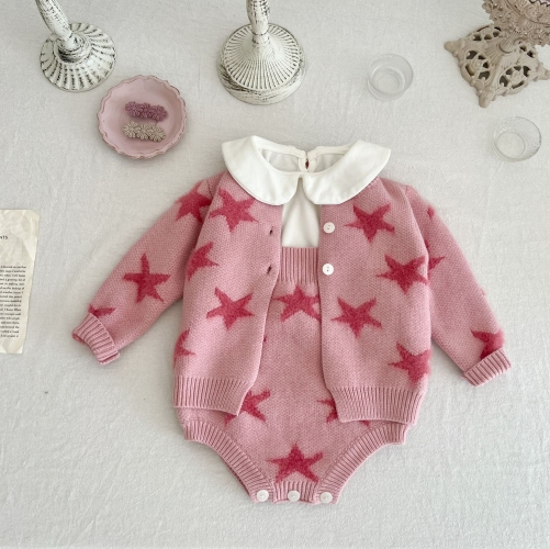 Infant Baby Girls Starfish Design Knitting Cardigan Combo Overalls In Sets Wholesale