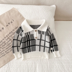2023 Infant Baby Girls Boys Grid Lapel Collar Long-sleeved Spring Knitting Coat Wholesale