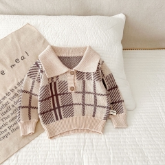 2023 Infant Baby Girls Boys Grid Lapel Collar Long-sleeved Spring Knitting Coat Wholesale