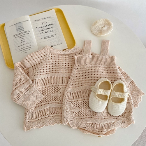 Infant Baby Girls Hollow-out Design Cardigan combo Romper In Set Outfit Spring Autumn Wearing Wholesale