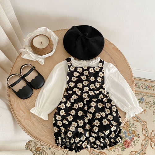 Infant Baby Girls Floral Print Overalls Combo Long-sleeved Simpfy Shirt In Sets Wholesale