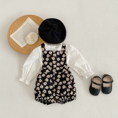 Infant Baby Girls Floral Print Overalls Combo Long-sleeved Simpfy Shirt In Sets Wholesale