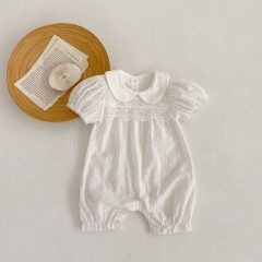 Infant Baby Solid White Doll Neck Mesh Patched Design Romper Wholesale