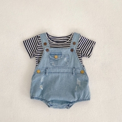 Infant Baby Striped T-Shirt Combo Denim Short Overalls Sets Wholesale
