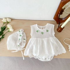 Infant Baby Girl Solid Color Embroidered Design Sleeveless Onesies Dress With Hat Wholesale