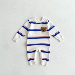 Infant Baby Striped Pattern Cartoon Bear Patched Design Knitted Romper Wholesale