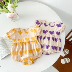 Infant Baby Girl Heart Pattern Square Neck Puff Sleeve Onesies Wholesale