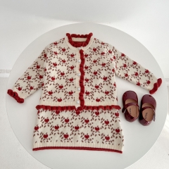 Infant Baby Girl Flower Pattern Thrim Design Cardigan With Skirt Sets Wholesale