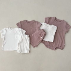 Baby Unisex Solid Color Short Sleeve Cotton Onesies And Sets Wholesale