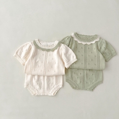 Infant Baby Girl Solid Color Mesh Patched Design Knit Tops Sets Wholesale