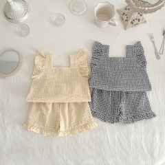 Baby Girl Plaid Pattern Square Neck Sleeveless Summer Clothing Sets Wholesale