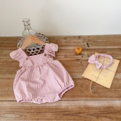 Baby Girl Pink Plaid Pattern Sleeveless Onesies In Summer Wholesale