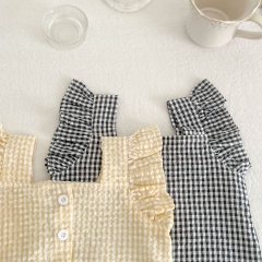 Baby Girl Plaid Pattern Square Neck Sleeveless Summer Clothing Sets Wholesale