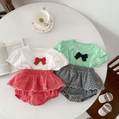 Infant Baby Bow Patched Pattern Tops With Plaid Skirt Sets Wholesale