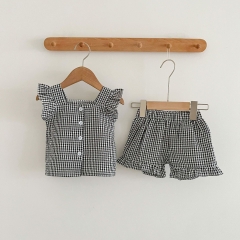 Baby Girl Plaid Pattern Square Neck Sleeveless Summer Clothing Sets Wholesale