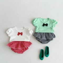 Infant Baby Bow Patched Pattern Tops With Plaid Skirt Sets Wholesale