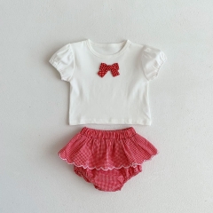 Infant Baby Bow Patched Pattern Tops With Plaid Skirt Sets Wholesale
