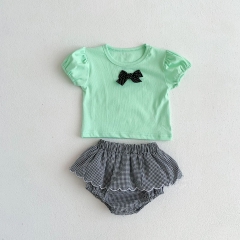 Infant Baby Bow Patched Pattern Tops With Plaid Skirt Sets Wholesale