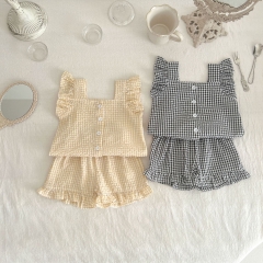 Baby Girl Plaid Pattern Square Neck Sleeveless Summer Clothing Sets Wholesale